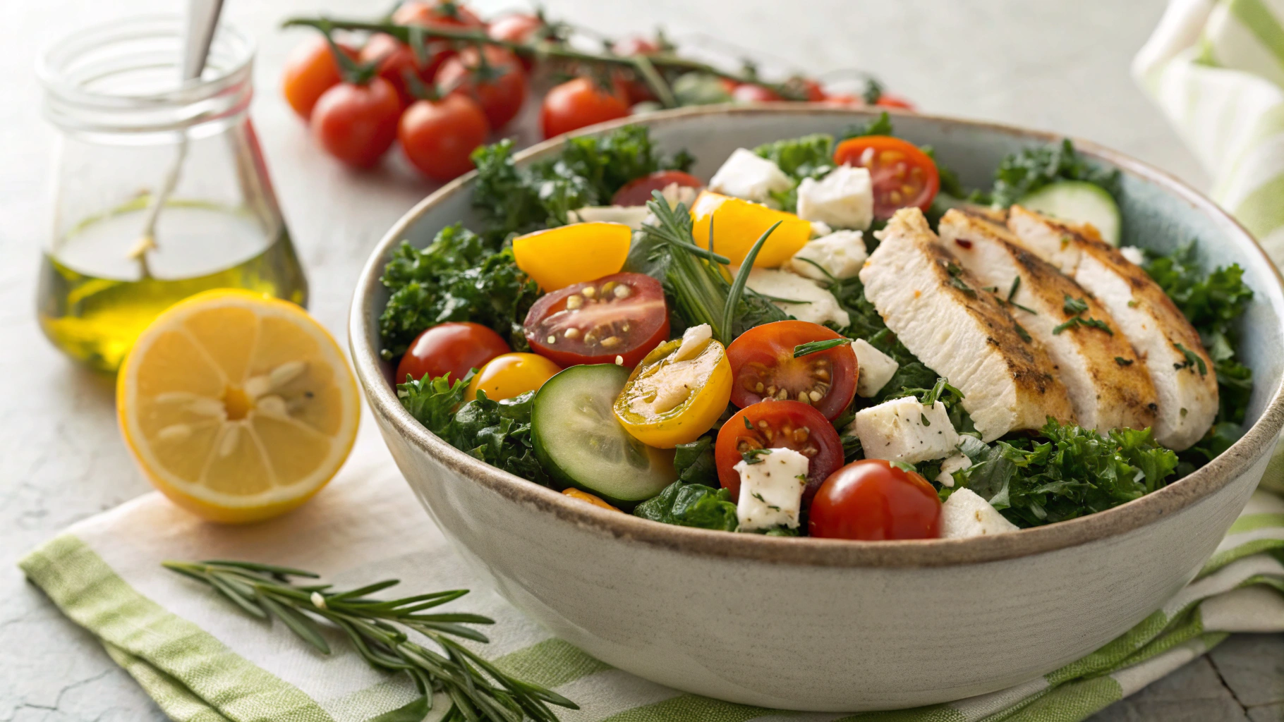 Low Carb Mediterranean Kale Salad With Pan Seared Chicken Breast