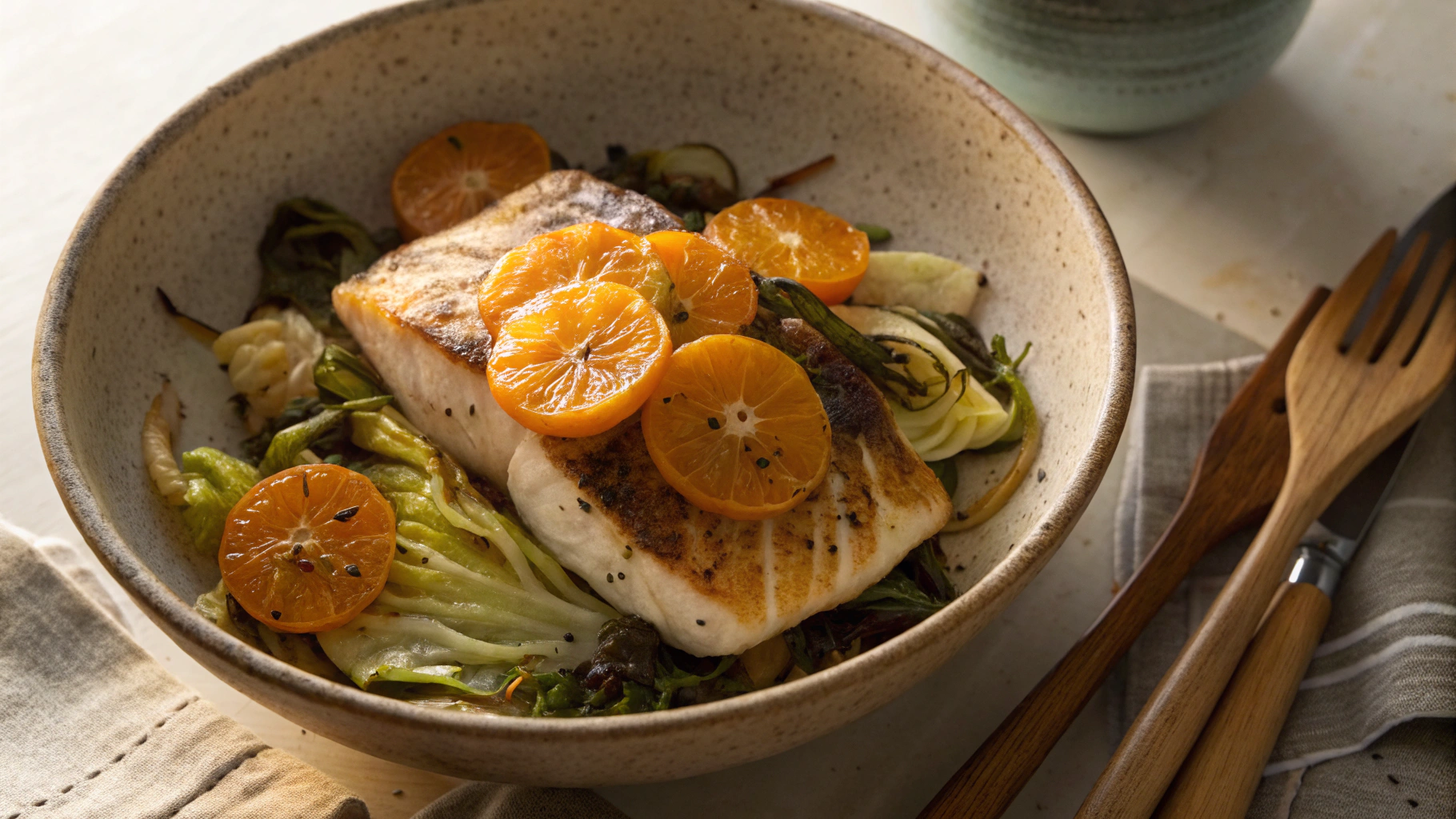 Low Carb Pan-Seared Pollock with Charred Cabbage and Clementines