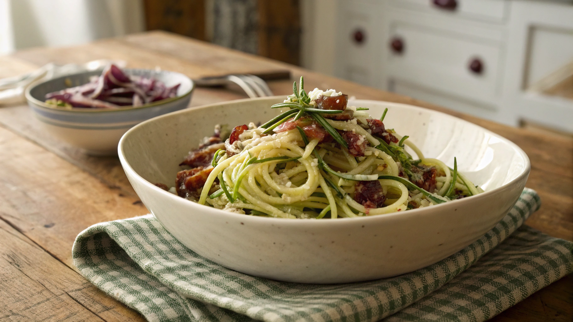 Low Carb Pancetta and Red Onion Spaghetti