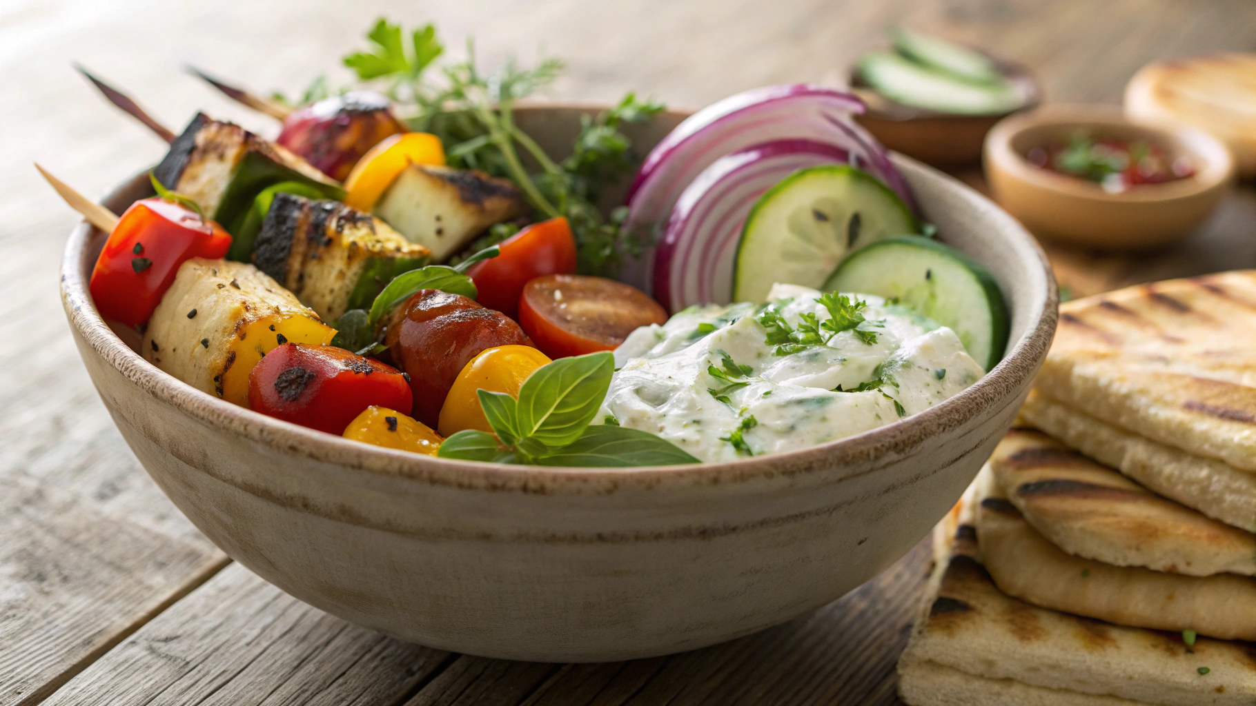Low Carb Pita Bread And Tzatziki Vegetable Lunch
