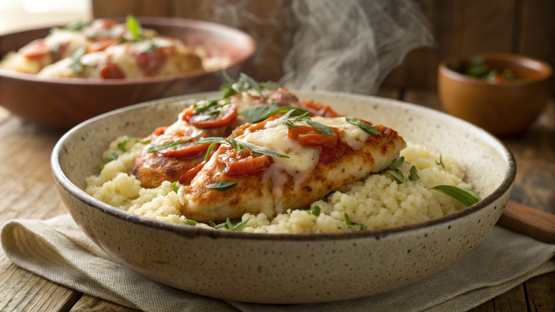 Low Carb Pizza Chicken w Cheesy Cauliflower Rice