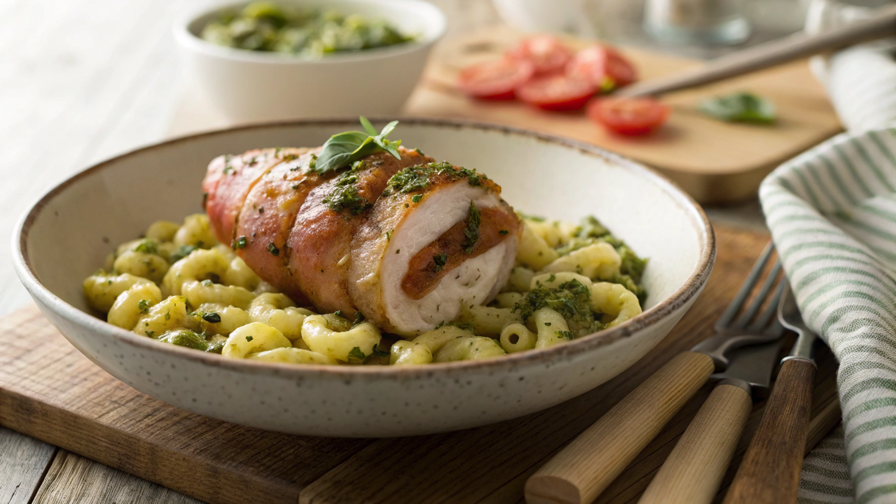 Low Carb Prosciutto Wrapped Chicken and Spinach w Pesto Macaroni