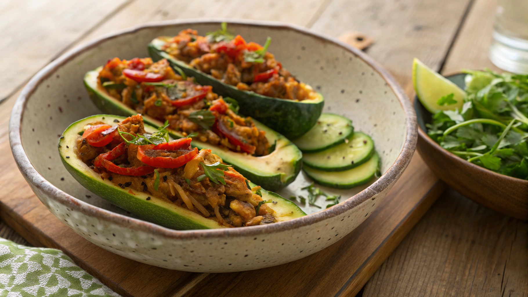 Low Carb Pulled Jackfruit Stuffed Zucchini (vegan)