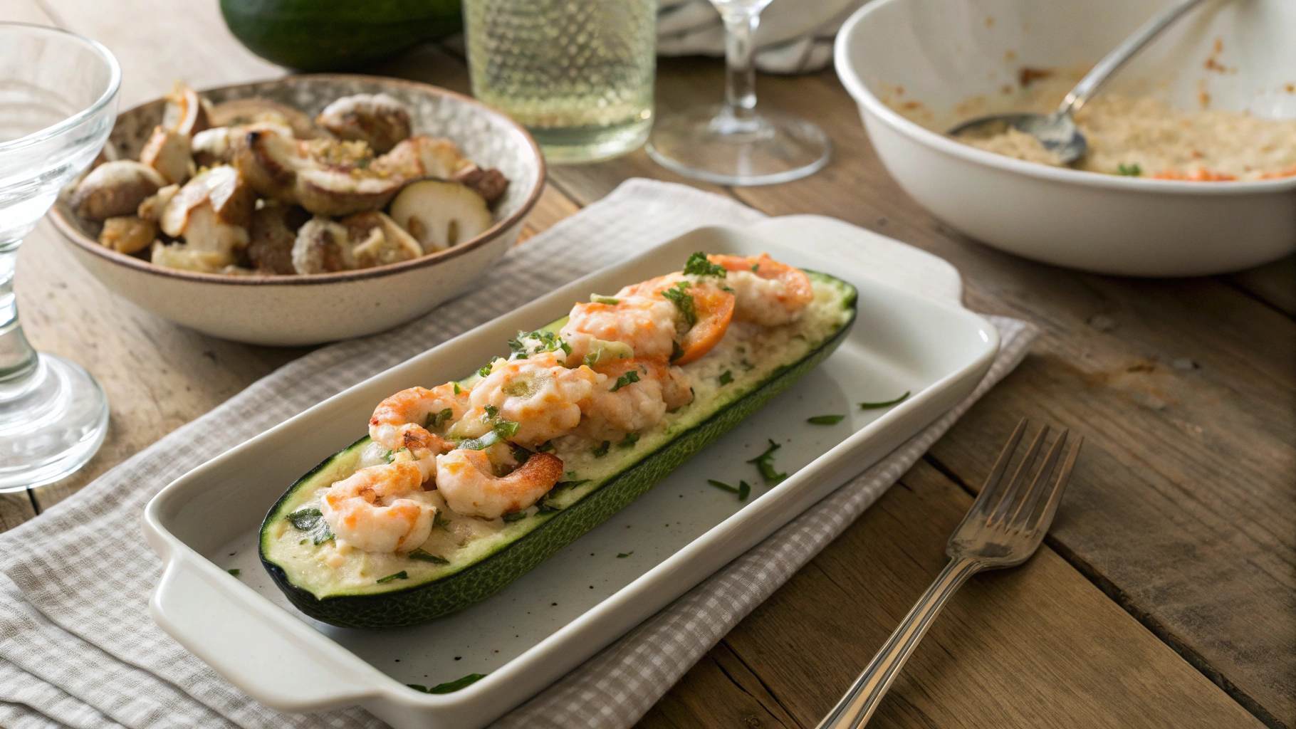 Low Carb Salmon and Shrimp Zucchini Boats w Cheesy Mushroom Casserole