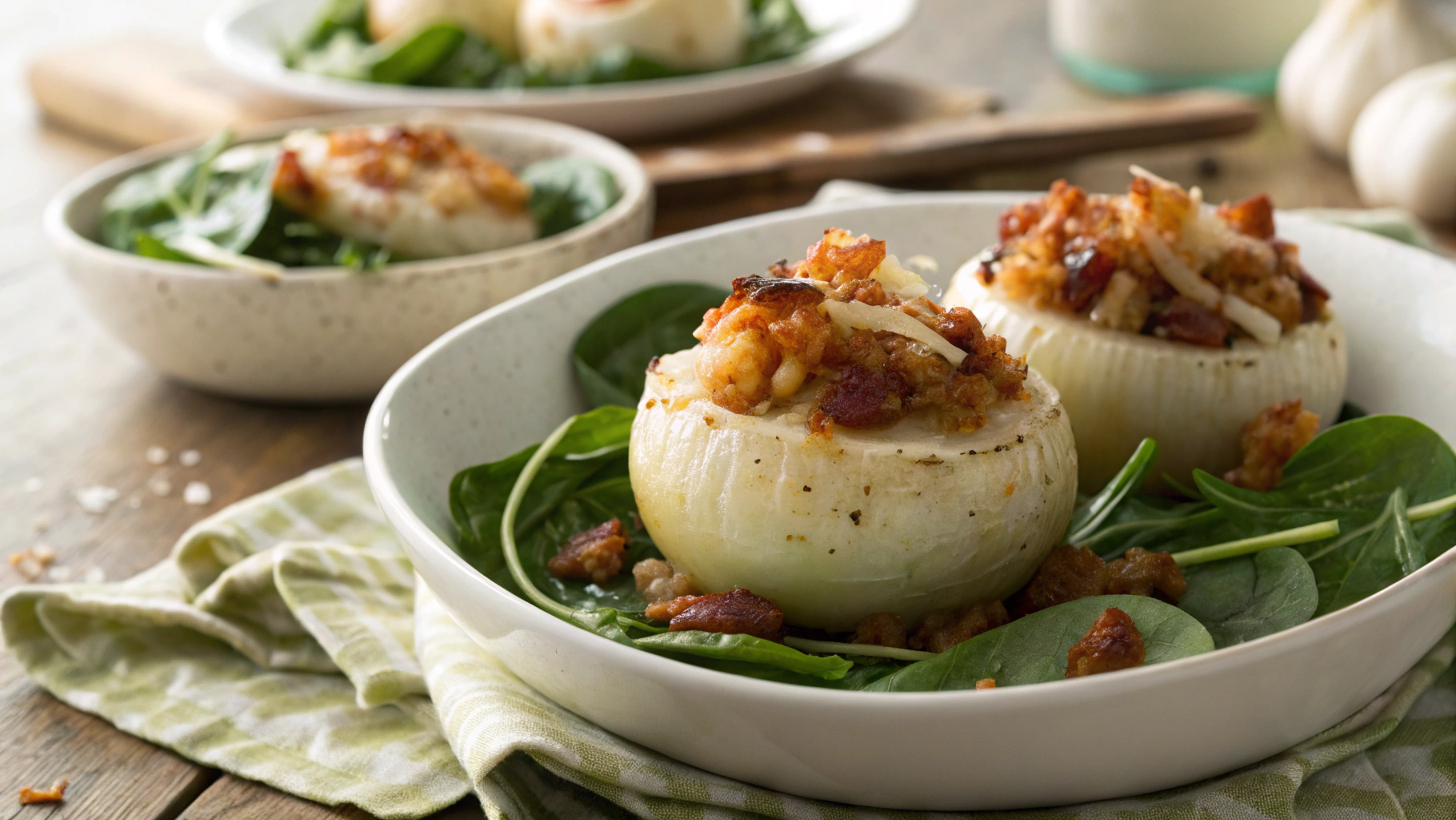 Low Carb Sausage Stuffed Onions w Crispy Pancetta Pork Rind Spinach