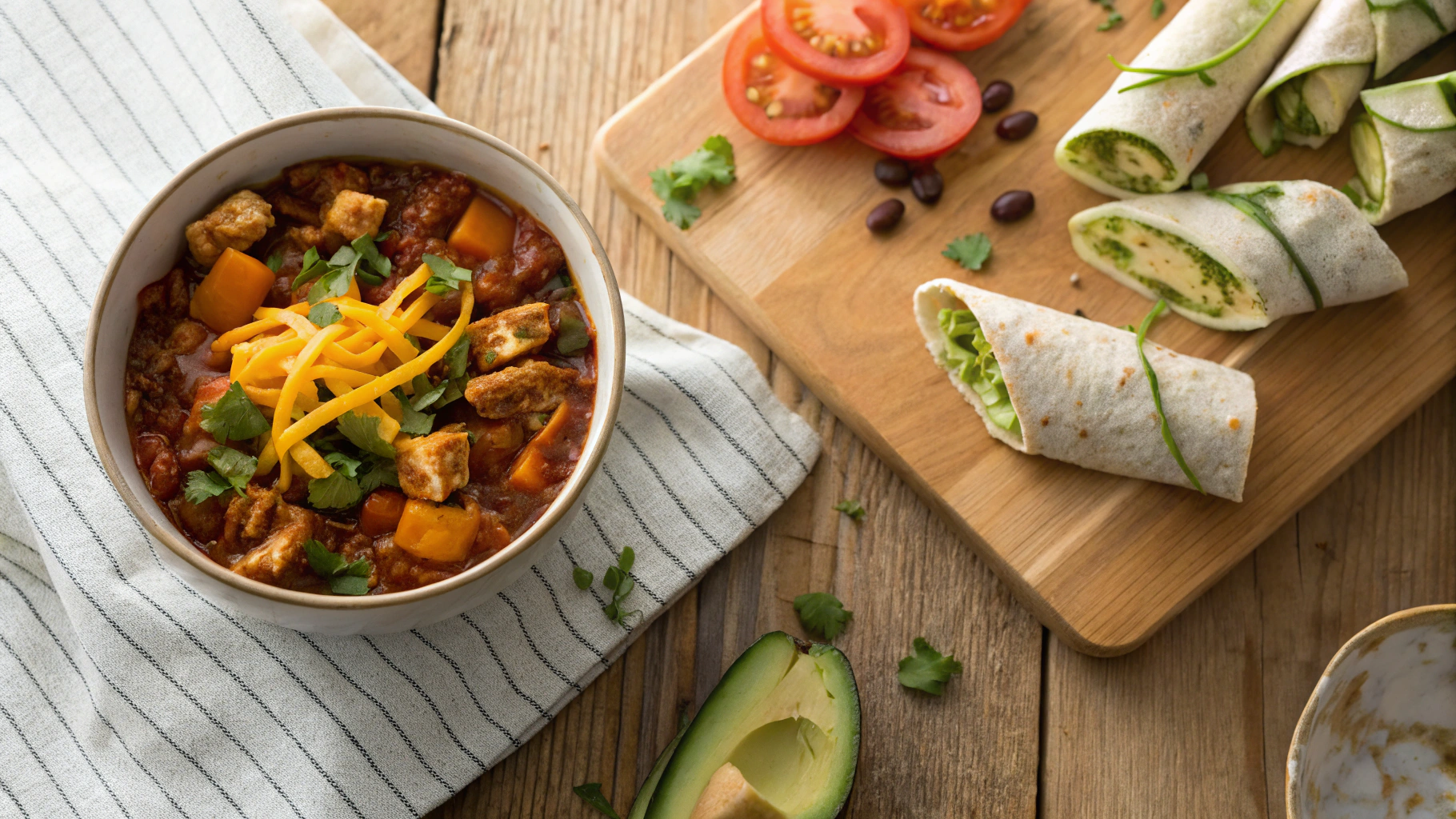 Low Carb Spicy Veggie Chili and Southwest Chicken Cheese Wraps