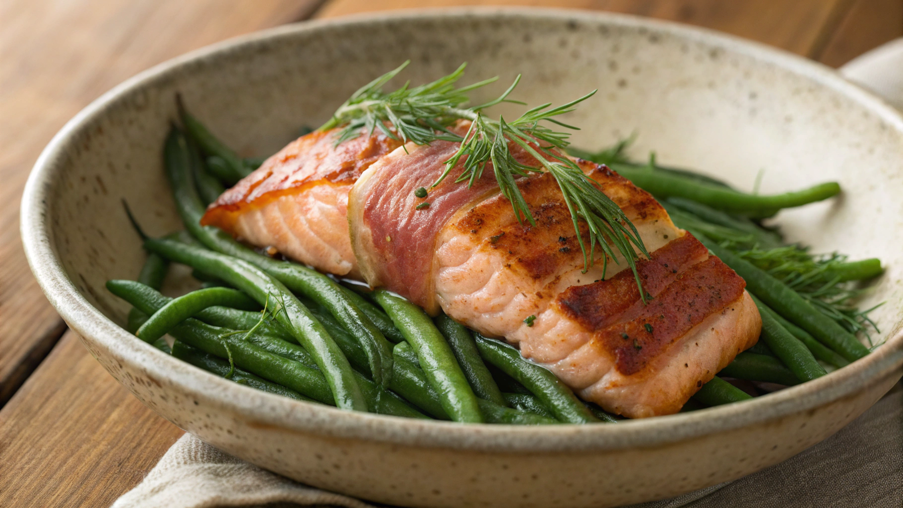 Low Carb Spicy Wrapped Salmon w Lemon Butter Haricot Verts