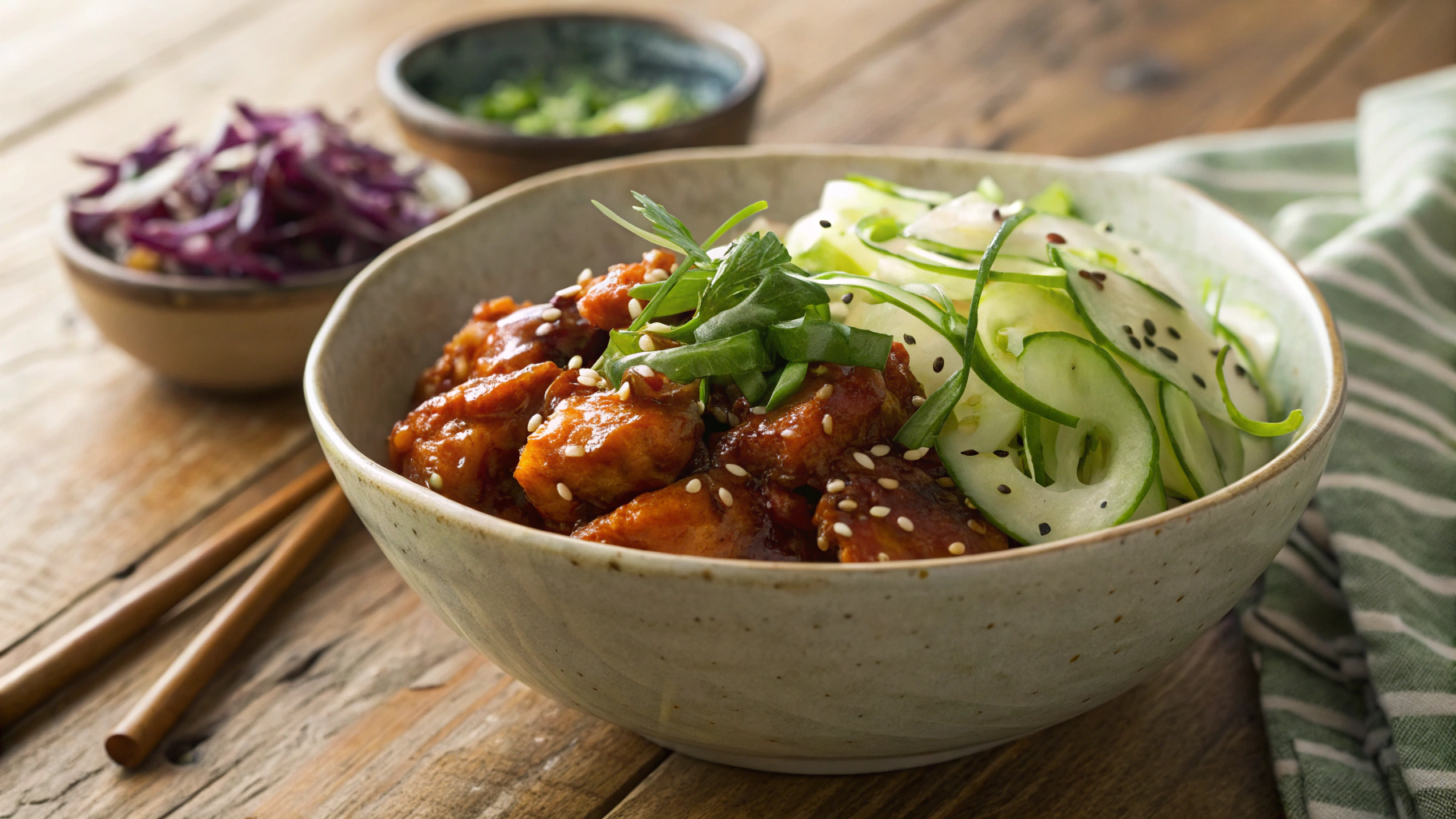 Low Carb Sweet Sesame Chicken W Gochujang Cabbage And Cucumber