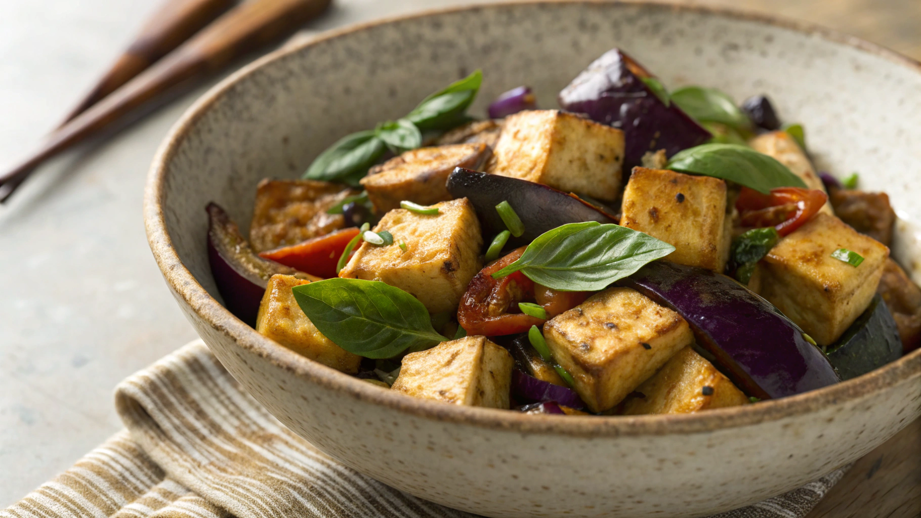 Low Carb Thai Basil Tofu and Japanese Eggplant Stir Fry