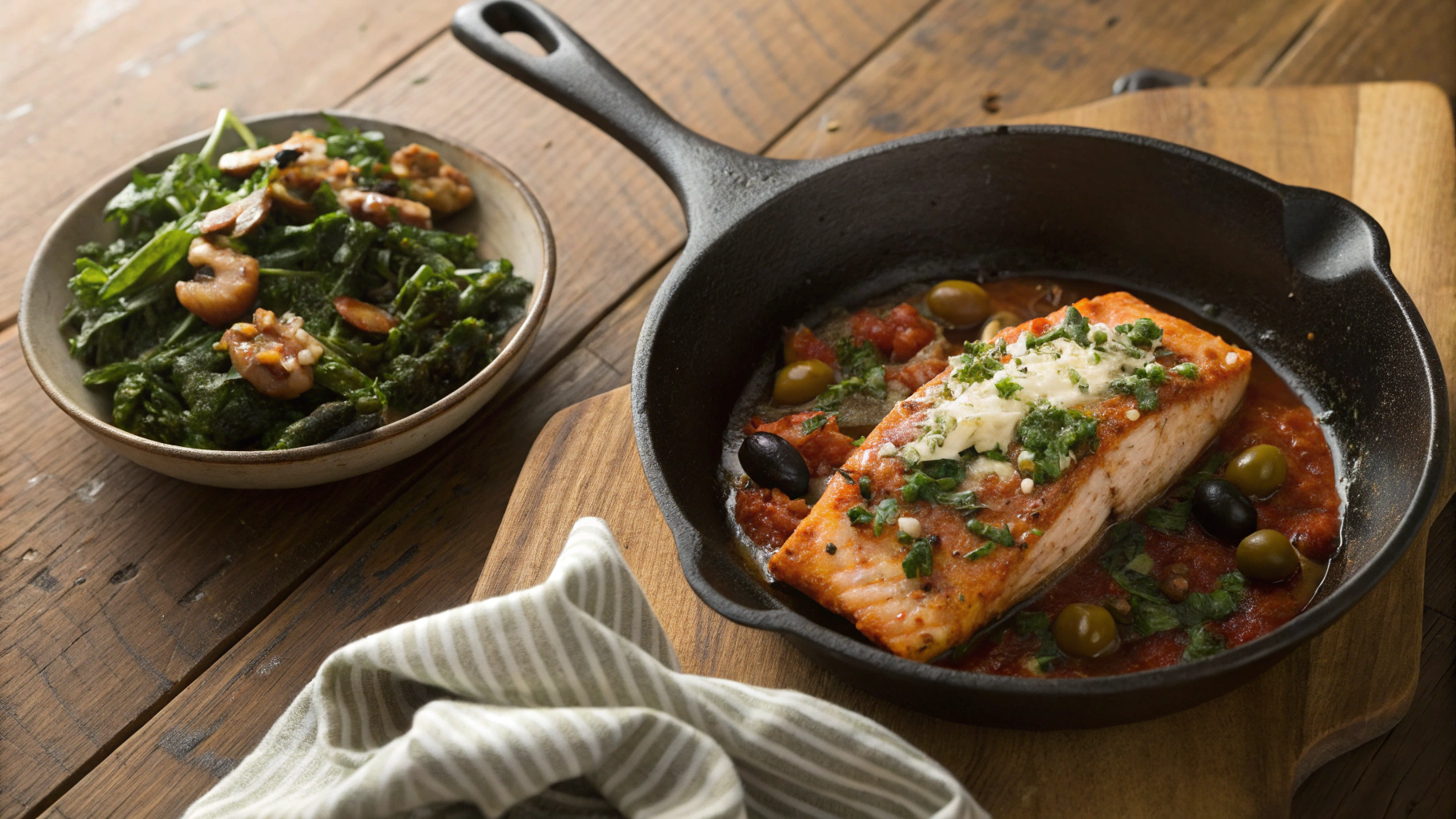Low Carb Tuscan Tomato Basil Salmon w Warm Kale Salad