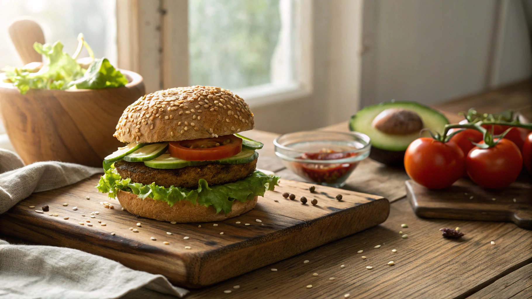 Low Carb Vegan Burger w Sesame Seed Bun