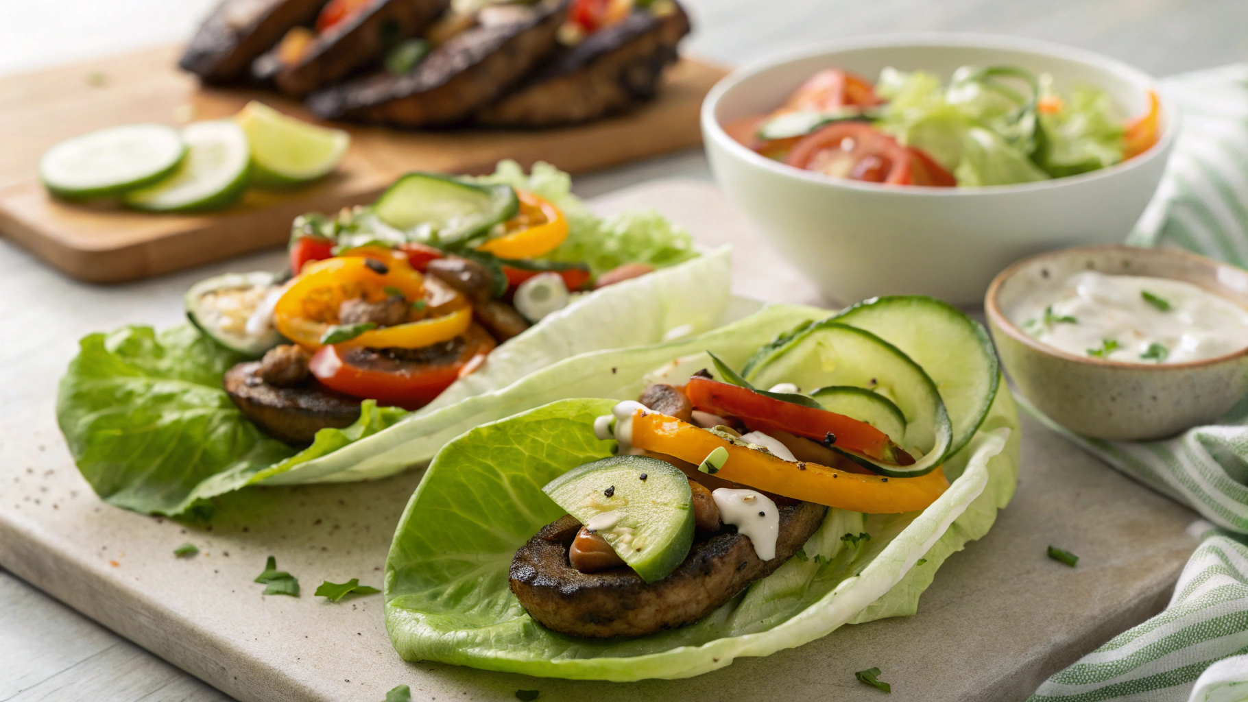 Low Carb Vegan Tacos w Crema and Tajín Cucumber