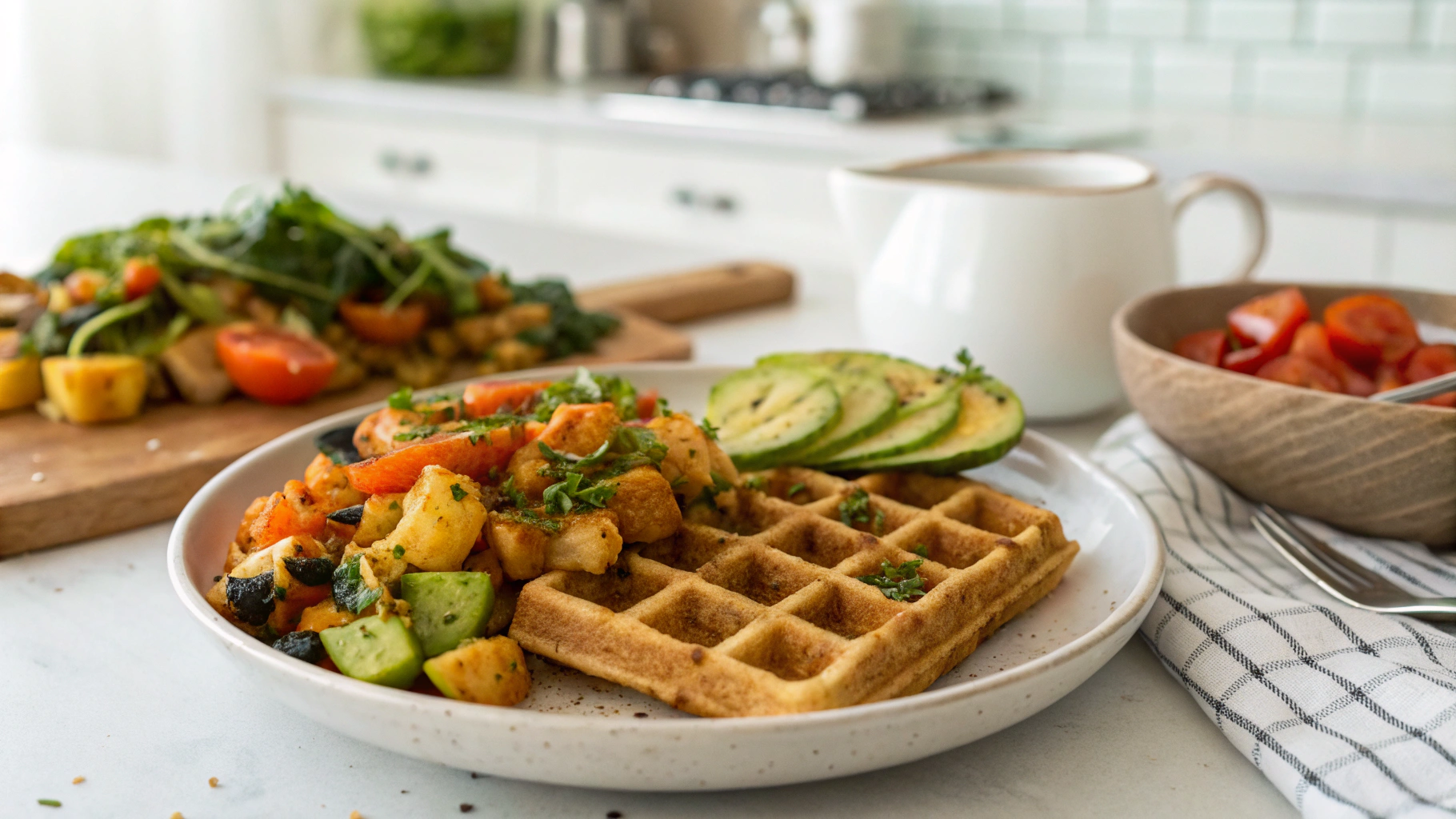 Low Carb Vegan Waffle w Spicy Cheesy Hash