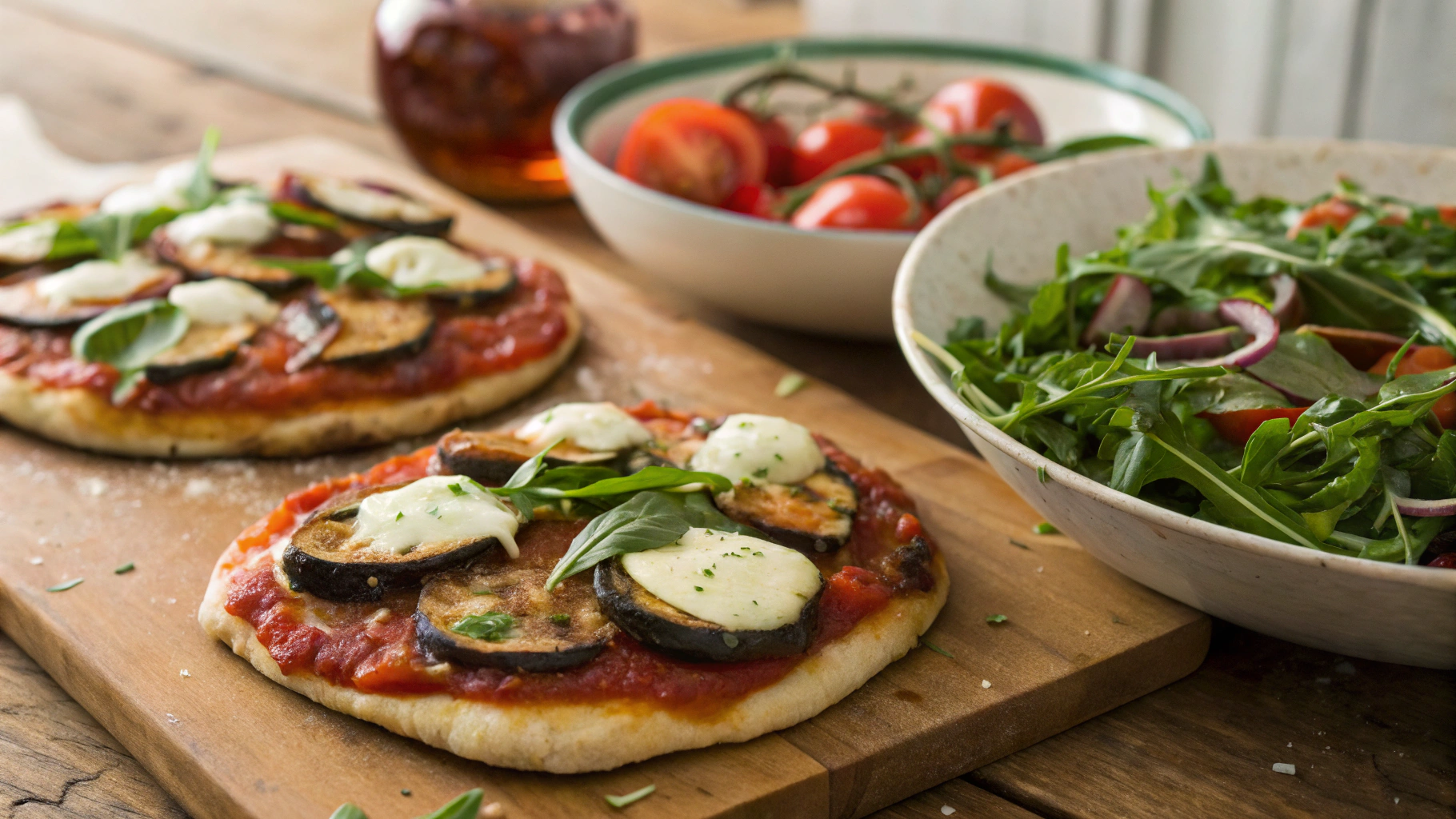Low Carb Vegetarian Mini Eggplant Pizzas W Arugula Artichoke Salad