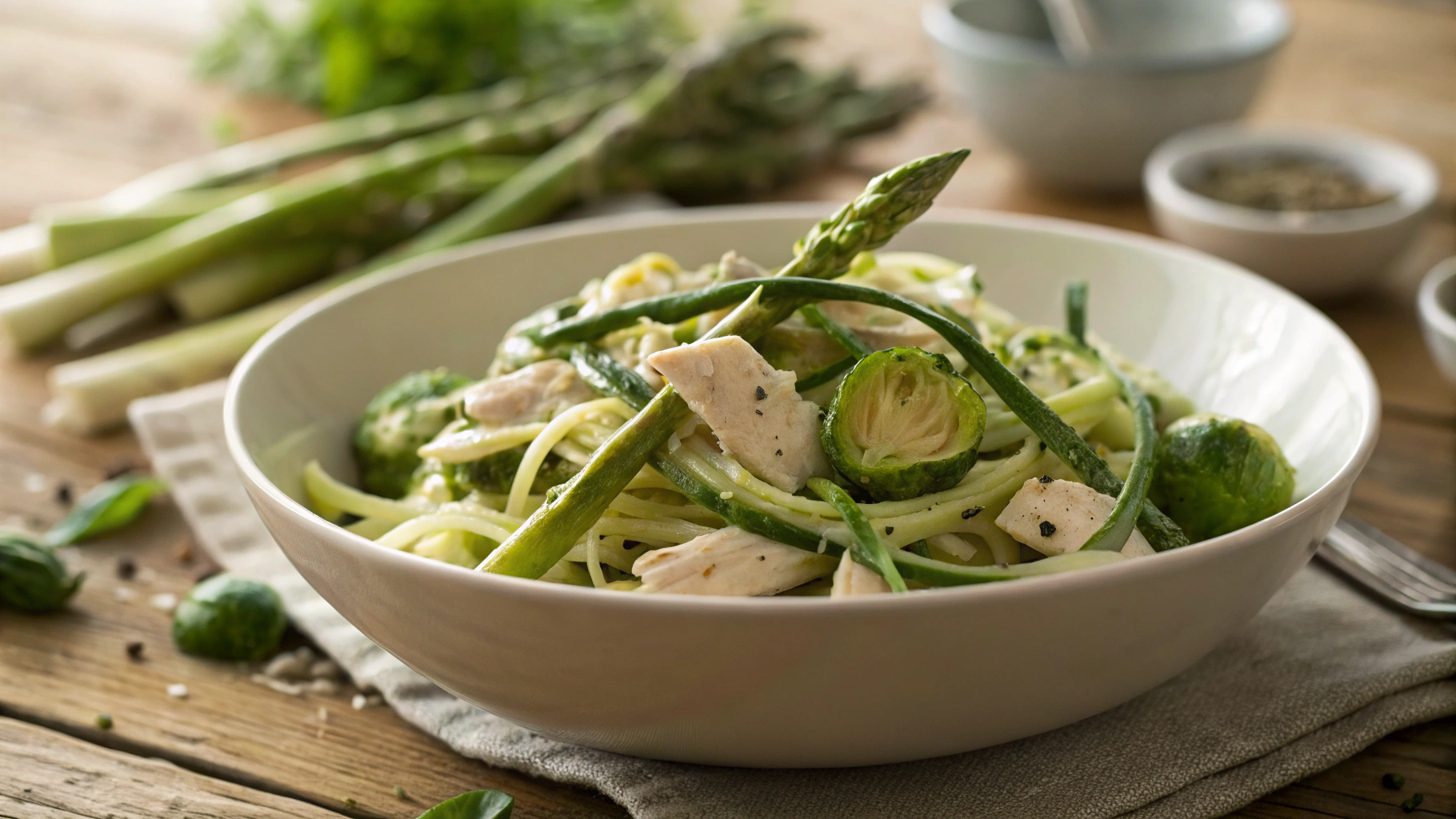 Low Carb Zucchini Alfredo with Chicken and Brussels Sprouts